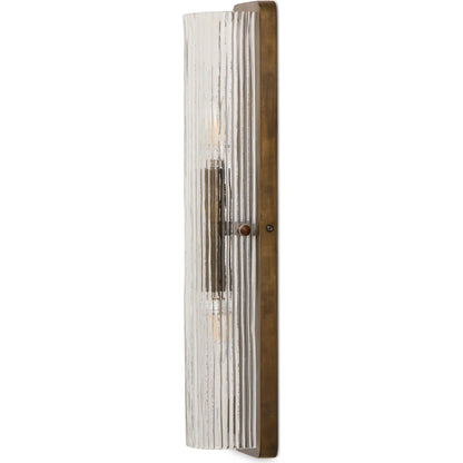 Kenji Sconce by Four Hands in clear reeded glass, burnished brass iron, clear cord. Made from glass, iron, thermoplastic in a traditional style.