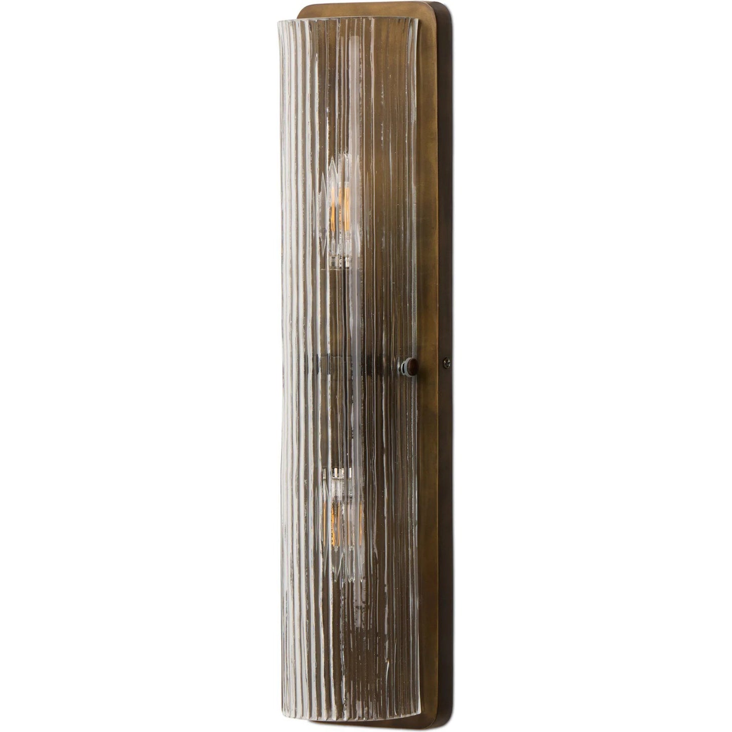 001 SI-2446595 | Primary Silo | Kenji Sconce by Four Hands in clear reeded glass, burnished brass iron, clear cord. Made from glass, iron, thermoplastic in a traditional style.