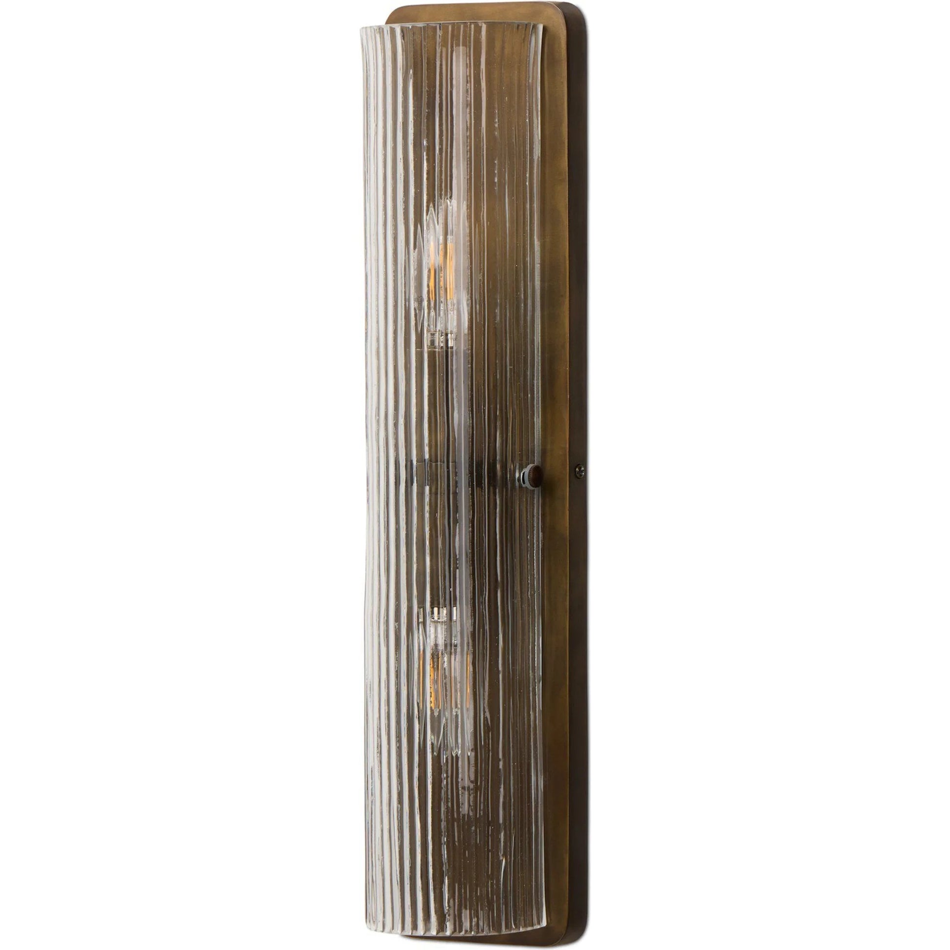 Kenji Sconce by Four Hands in clear reeded glass, burnished brass iron, clear cord. Made from glass, iron, thermoplastic in a traditional style.