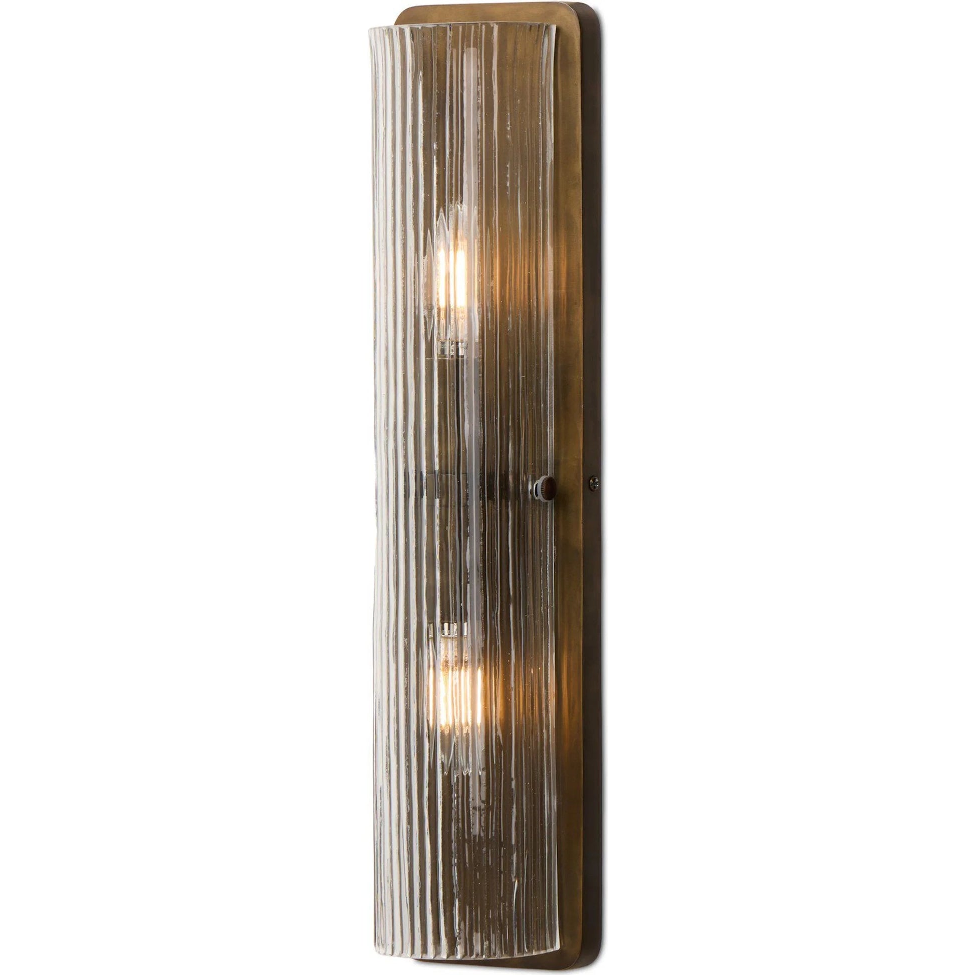 Kenji Sconce by Four Hands in clear reeded glass, burnished brass iron, clear cord. Made from glass, iron, thermoplastic in a traditional style.