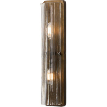 Kenji Sconce by Four Hands in clear reeded glass, burnished brass iron, clear cord. Made from glass, iron, thermoplastic in a traditional style.