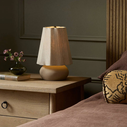 Posie Table Lamp by Four Hands in tan speckled ceramic, aged brass. Made from ceramic, brass in a unique style.
