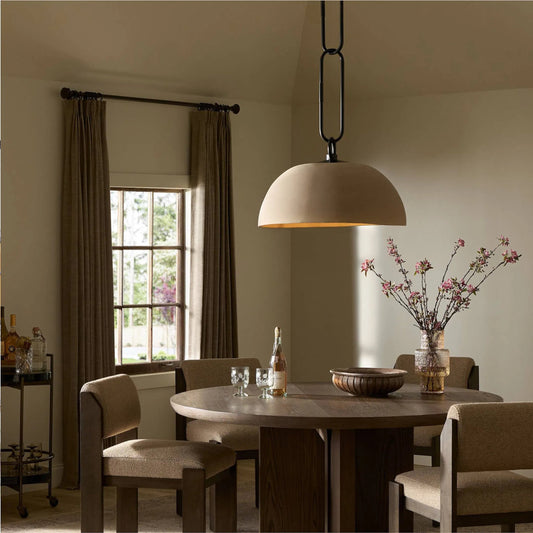 Jesenia Pendant by Four Hands in tan speckled ceramic, black iron. Made from ceramic, iron in a unique style.