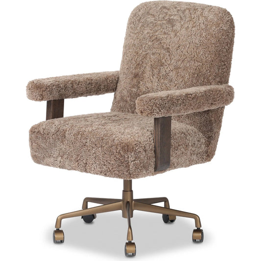 Bergen Desk Chair by Four Hands in taupe shearling, brushed brass aluminum, brown oak. Made from shearling, aluminum, solid oak in a unique style.