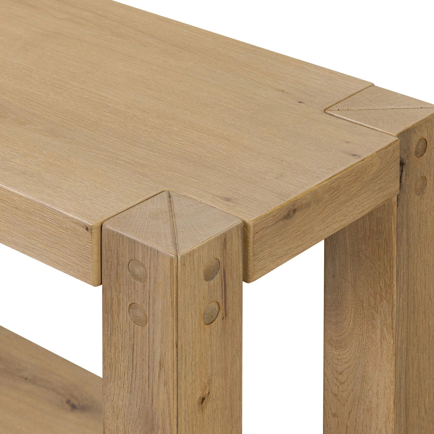 006 SI-2446544 | Closeup | Emmer Console Table by Four Hands in aged smoked oak, aged smoked oak veneer. Made from solid oak, thick oak veneer in a transitional style.