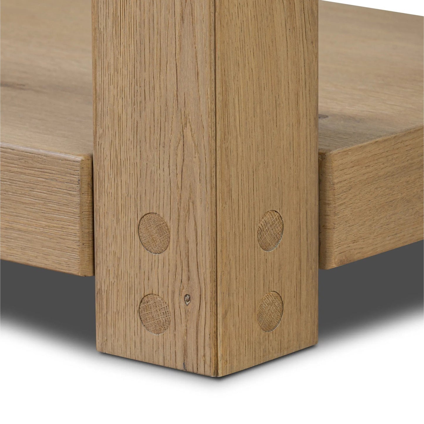 008 SI-2446544 | Closeup | Emmer Console Table by Four Hands in aged smoked oak, aged smoked oak veneer. Made from solid oak, thick oak veneer in a transitional style.