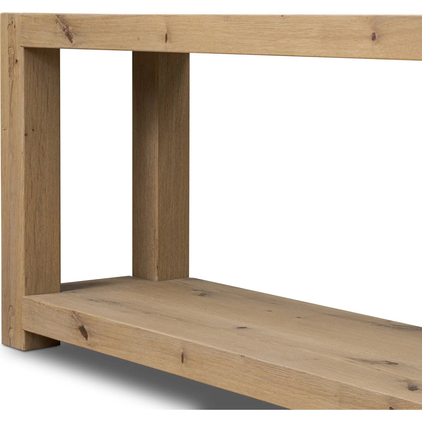 009 SI-2446544 | Closeup | Emmer Console Table by Four Hands in aged smoked oak, aged smoked oak veneer. Made from solid oak, thick oak veneer in a transitional style.