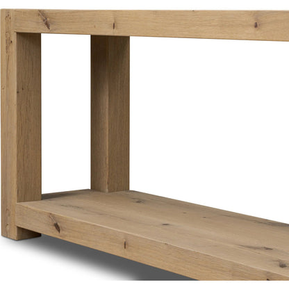 Emmer Console Table by Four Hands in aged smoked oak, aged smoked oak veneer. Made from solid oak, thick oak veneer in a transitional style.