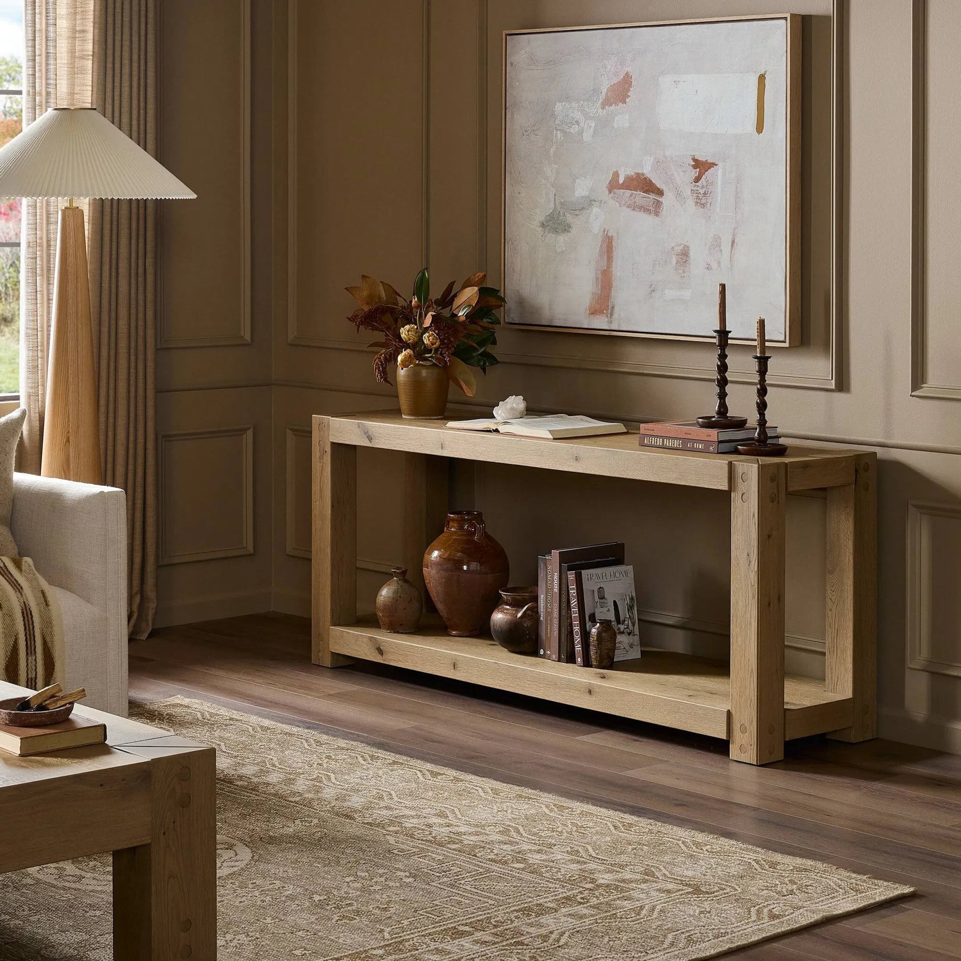 Emmer Console Table by Four Hands in aged smoked oak, aged smoked oak veneer. Made from solid oak, thick oak veneer in a transitional style.