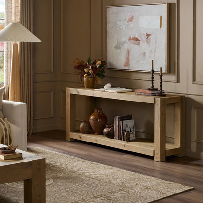 Emmer Console Table by Four Hands in aged smoked oak, aged smoked oak veneer. Made from solid oak, thick oak veneer in a transitional style.