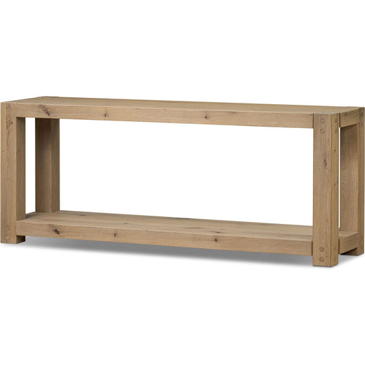 Emmer Console Table by Four Hands in aged smoked oak, aged smoked oak veneer. Made from solid oak, thick oak veneer in a unique style.