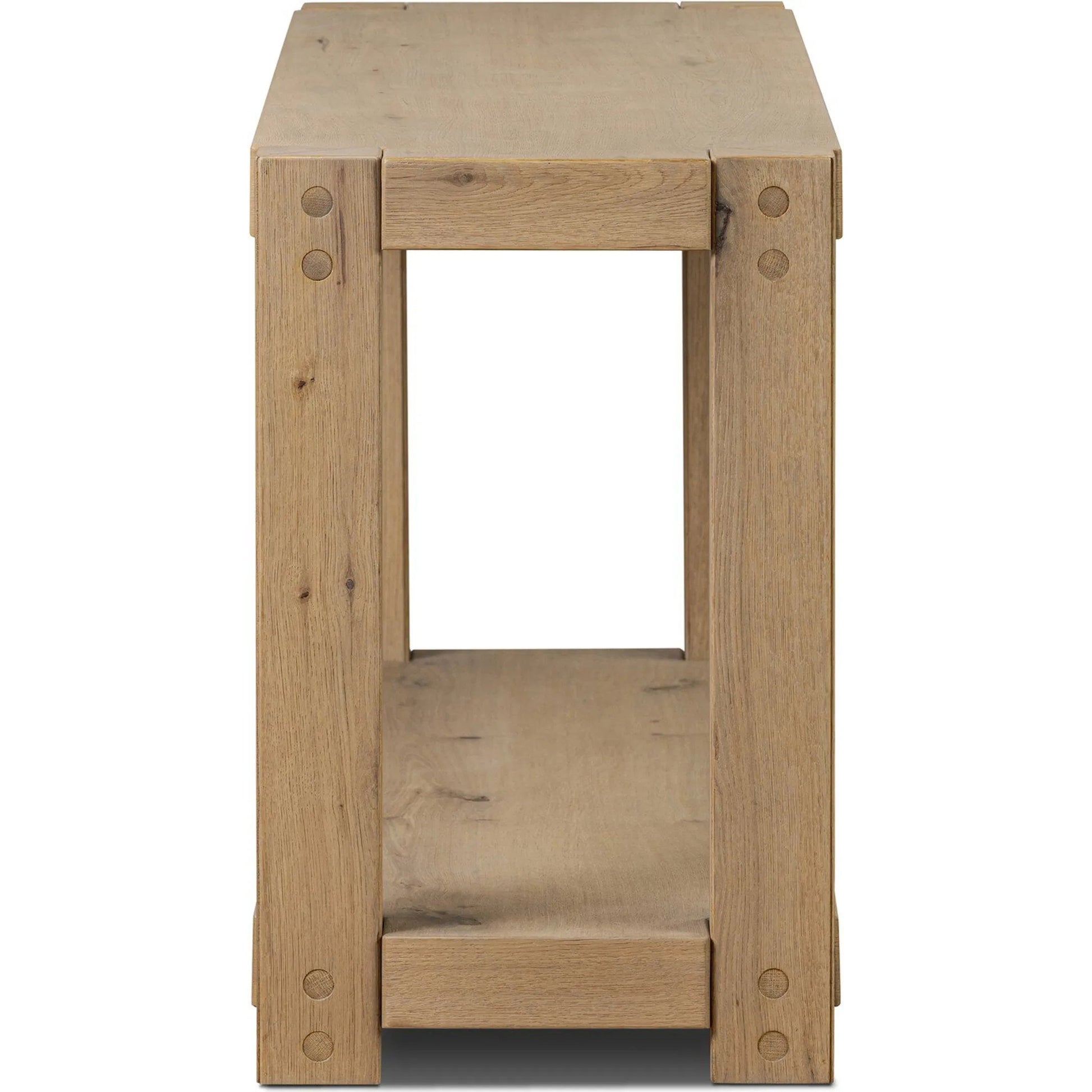 Emmer Console Table by Four Hands in aged smoked oak, aged smoked oak veneer. Made from solid oak, thick oak veneer in a transitional style.