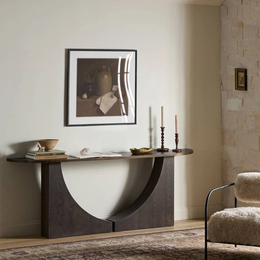 Maly Console Table by Four Hands in coffee iron, espresso oak veneer. Made from iron, oak veneer in a modern style.