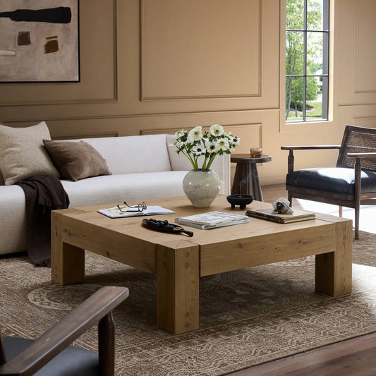 Emmer Coffee Table by Four Hands in aged smoked oak, aged smoked oak veneer. Made from solid oak, thick oak veneer in a unique style.