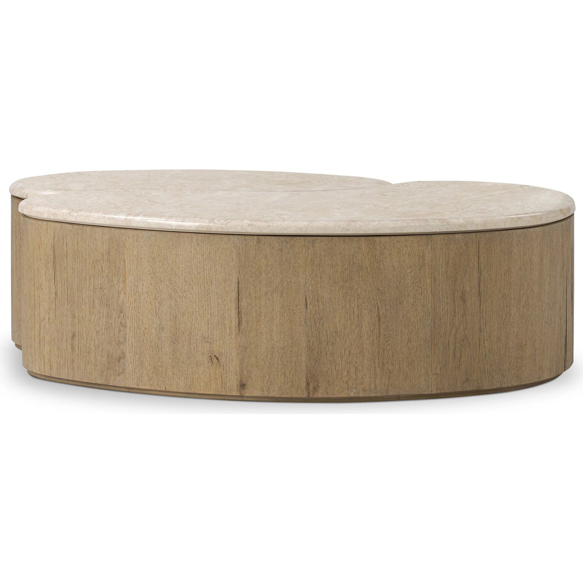 Ingrid Coffee Table by Four Hands in cappuccino marble, drifted oak veneer. Made from solid marble, thick oak veneer, solid oak in a transitional style.