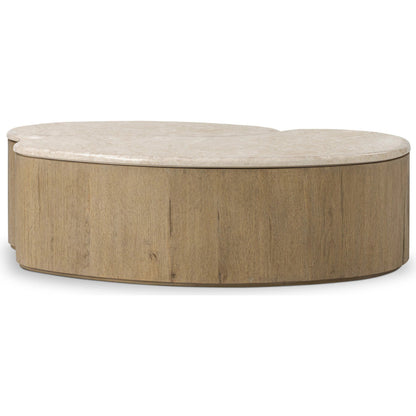 Ingrid Coffee Table by Four Hands in cappuccino marble, drifted oak veneer. Made from solid marble, thick oak veneer, solid oak in a transitional style.