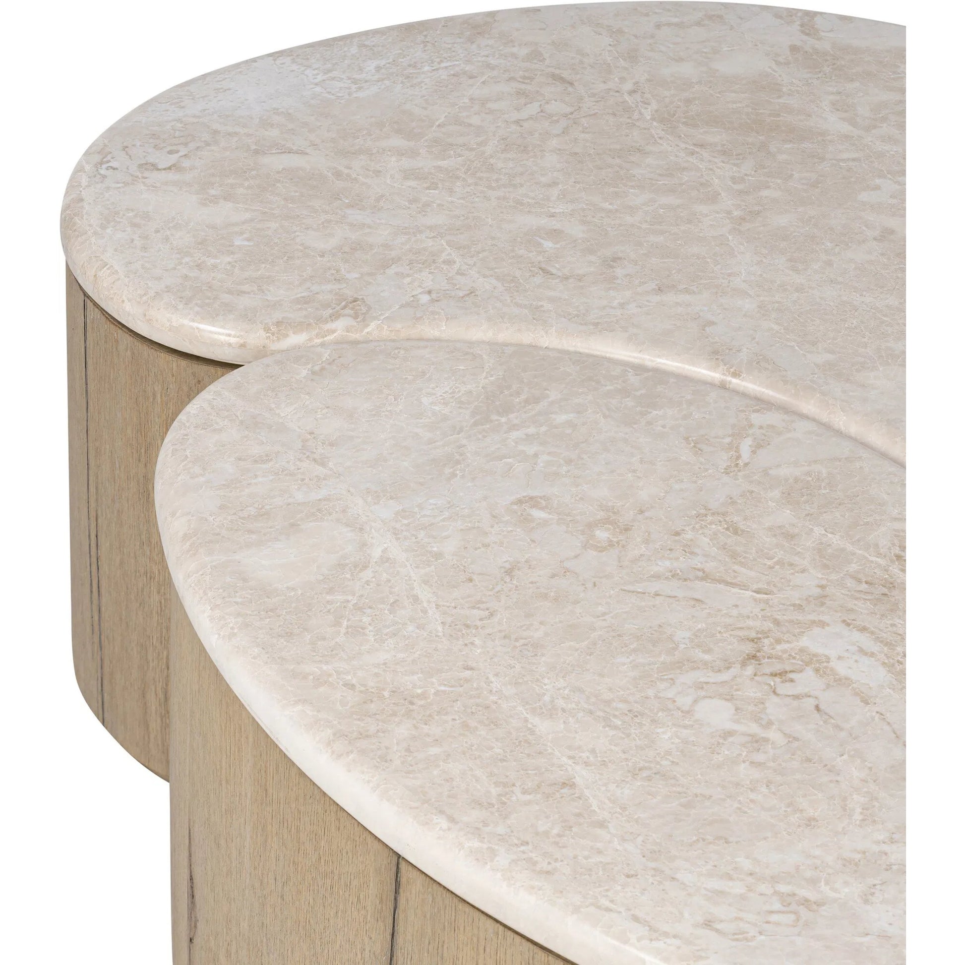 Ingrid Coffee Table by Four Hands in cappuccino marble, drifted oak veneer. Made from solid marble, thick oak veneer, solid oak in a transitional style.