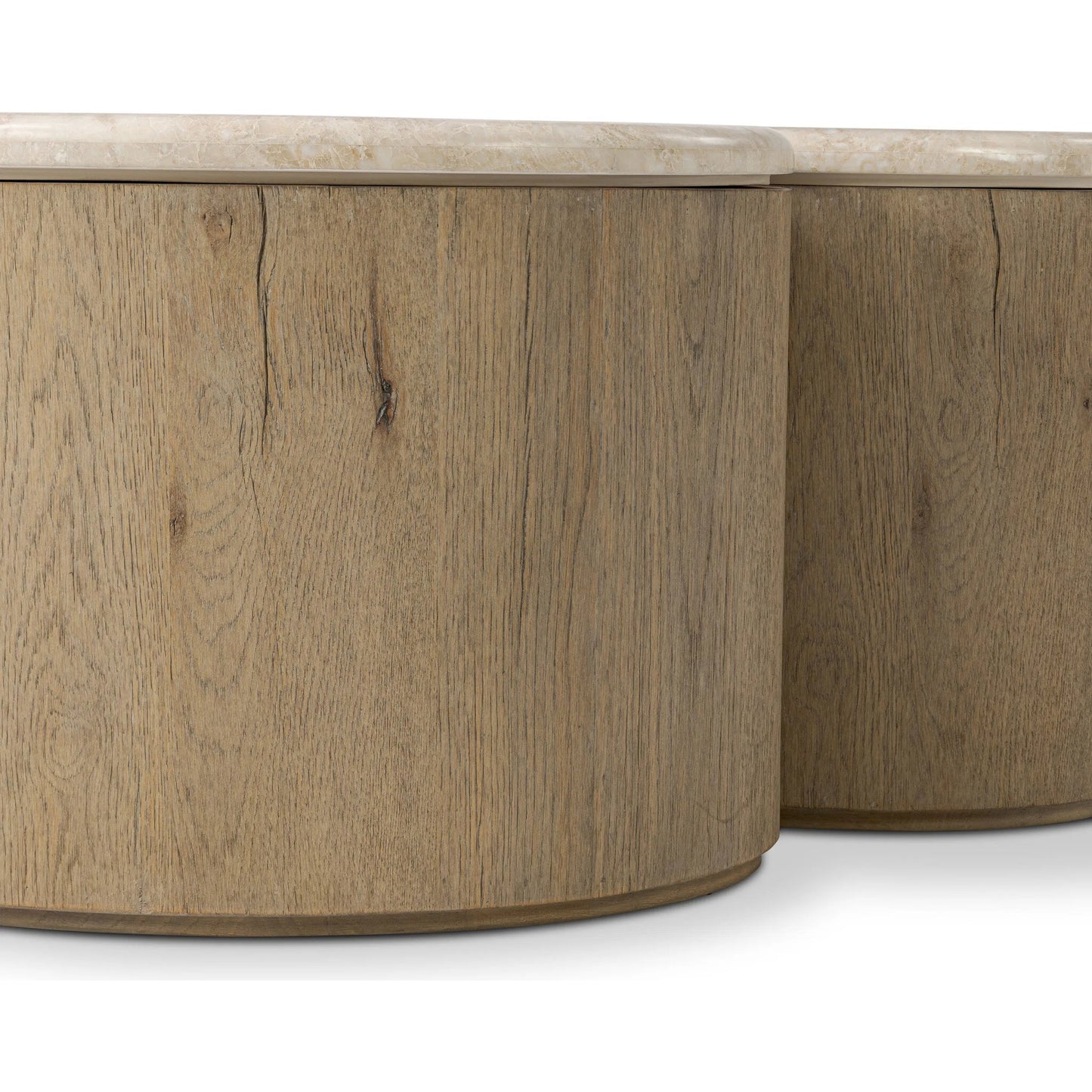 009 SI-2519199 | Closeup | Ingrid Coffee Table by Four Hands in cappuccino marble, drifted oak veneer. Made from solid marble, thick oak veneer, solid oak in a transitional style.
