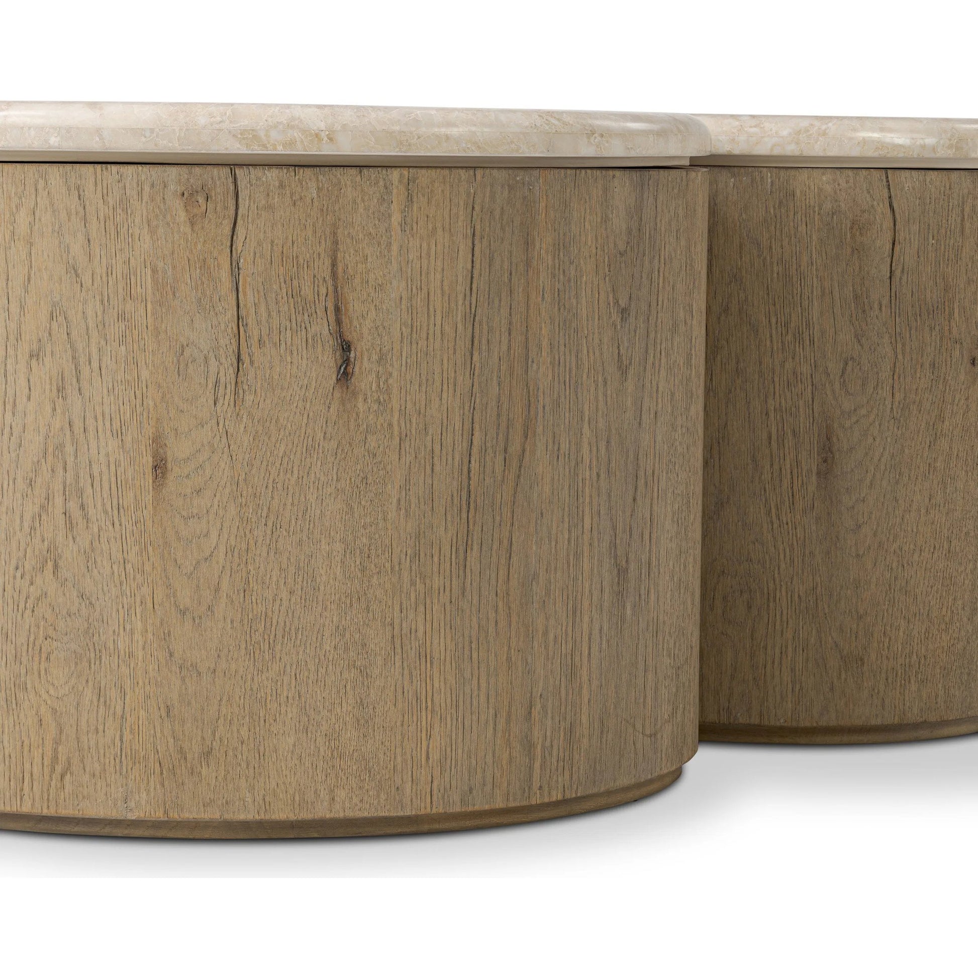 Ingrid Coffee Table by Four Hands in cappuccino marble, drifted oak veneer. Made from solid marble, thick oak veneer, solid oak in a transitional style.