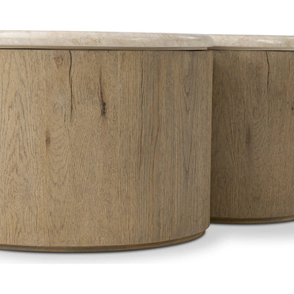 Ingrid Coffee Table by Four Hands in cappuccino marble, drifted oak veneer. Made from solid marble, thick oak veneer, solid oak in a transitional style.
