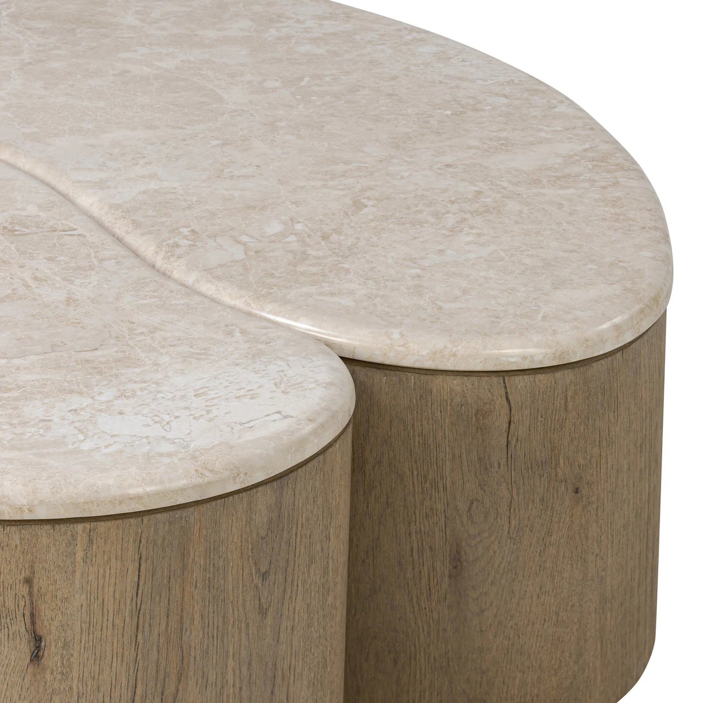 011 SI-2519199 | Closeup | Ingrid Coffee Table by Four Hands in cappuccino marble, drifted oak veneer. Made from solid marble, thick oak veneer, solid oak in a transitional style.