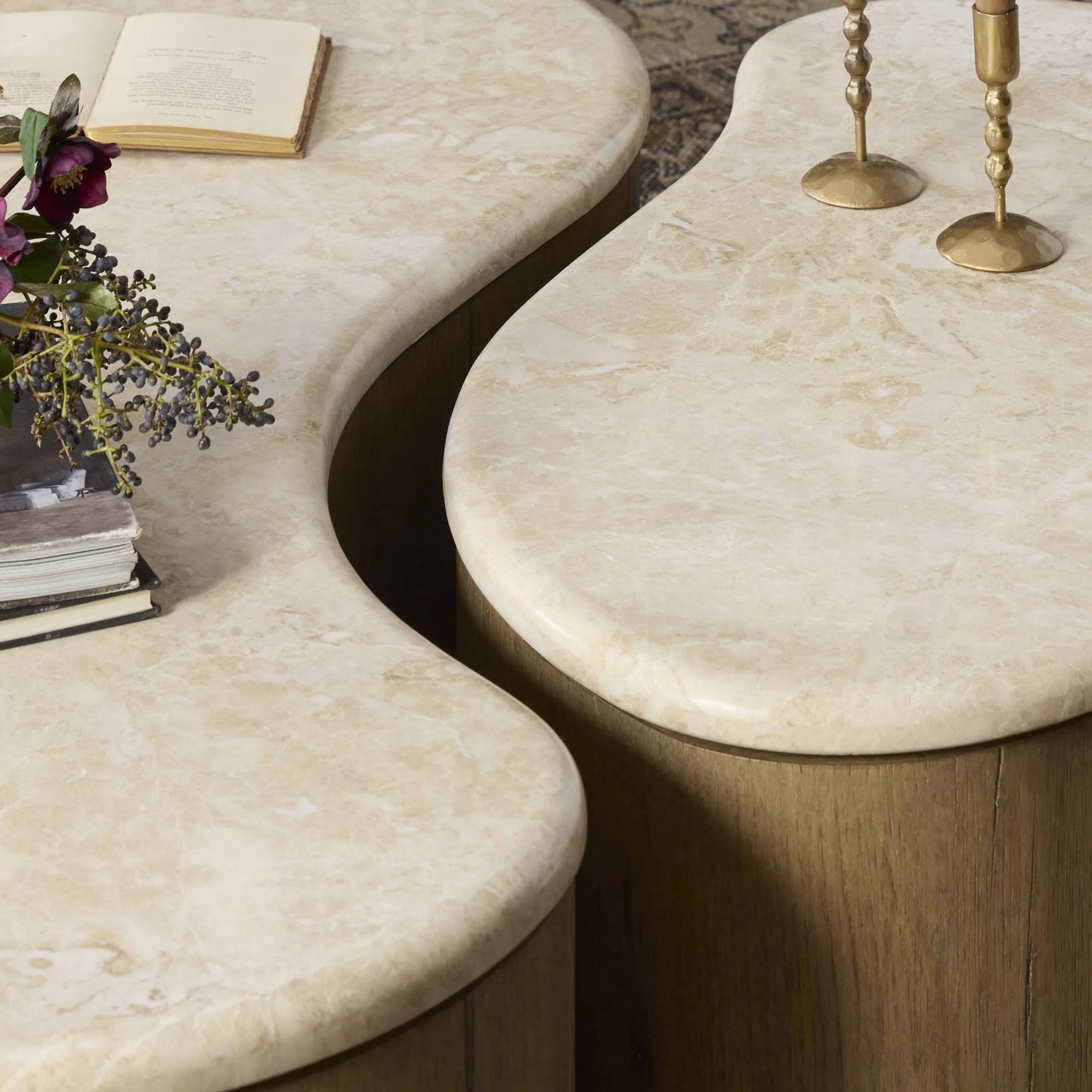012 SI-2519199 | Closeup | Ingrid Coffee Table by Four Hands in cappuccino marble, drifted oak veneer. Made from solid marble, thick oak veneer, solid oak in a transitional style.