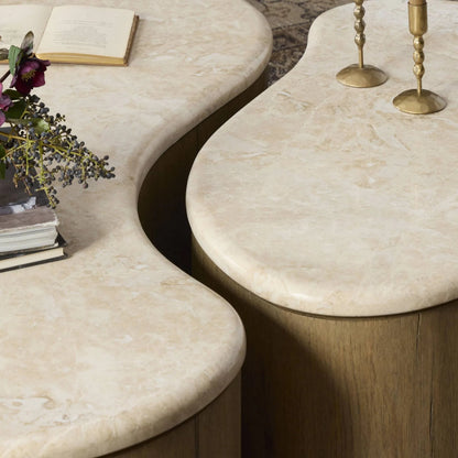 Ingrid Coffee Table by Four Hands in cappuccino marble, drifted oak veneer. Made from solid marble, thick oak veneer, solid oak in a transitional style.