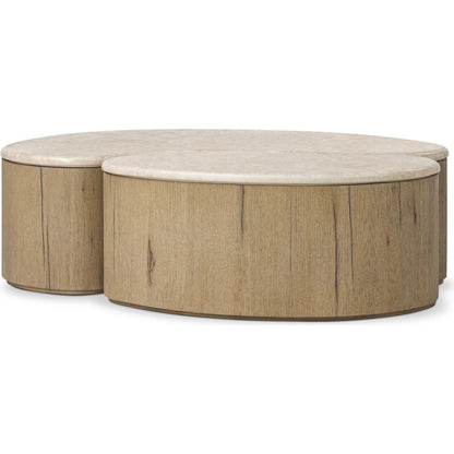 Ingrid Coffee Table by Four Hands in cappuccino marble, drifted oak veneer. Made from solid marble, thick oak veneer, solid oak in a transitional style.