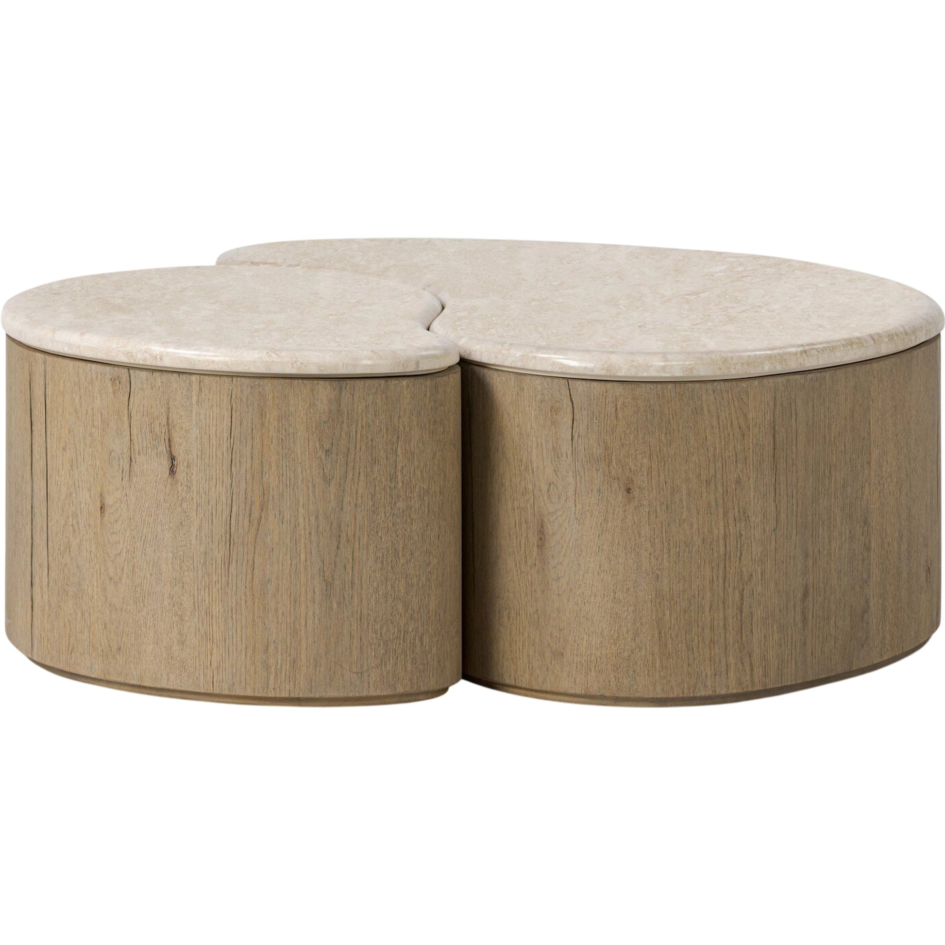 Ingrid Coffee Table by Four Hands in cappuccino marble, drifted oak veneer. Made from solid marble, thick oak veneer, solid oak in a transitional style.