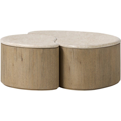 Ingrid Coffee Table by Four Hands in cappuccino marble, drifted oak veneer. Made from solid marble, thick oak veneer, solid oak in a transitional style.