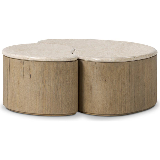 Ingrid Coffee Table by Four Hands in cappuccino marble, drifted oak veneer. Made from solid marble, thick oak veneer, solid oak in a transitional style.