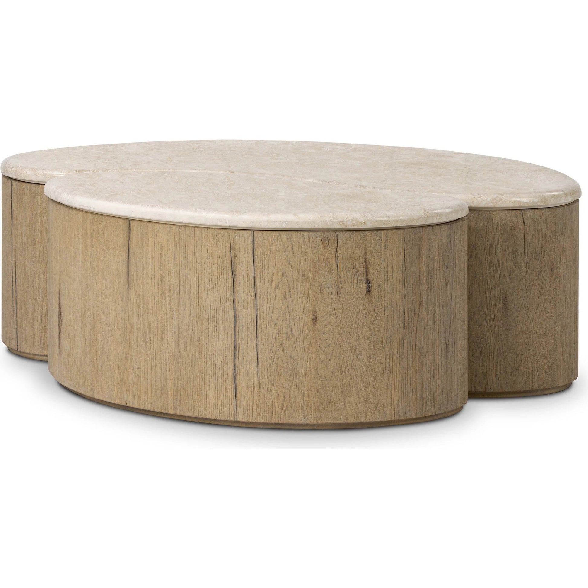 Ingrid Coffee Table by Four Hands in cappuccino marble, drifted oak veneer. Made from solid marble, thick oak veneer, solid oak in a transitional style.