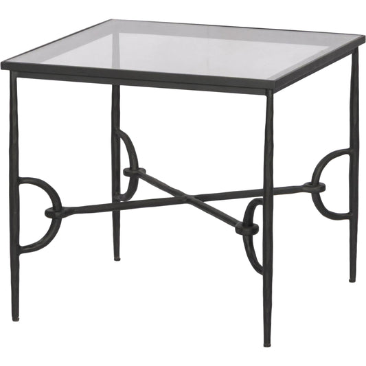 Babylon End Table by Four Hands in tempered glass, hammered gunmetal. Made from tempered glass, iron in a unique style.