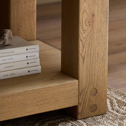 Emmer End Table by Four Hands in aged smoked oak, aged smoked oak veneer. Made from solid oak, thick oak veneer in a transitional style.