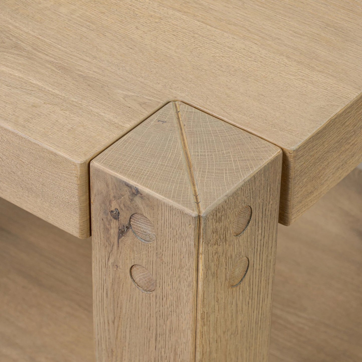 005 SI-2446546 | Closeup | Emmer End Table by Four Hands in aged smoked oak, aged smoked oak veneer. Made from solid oak, thick oak veneer in a transitional style.