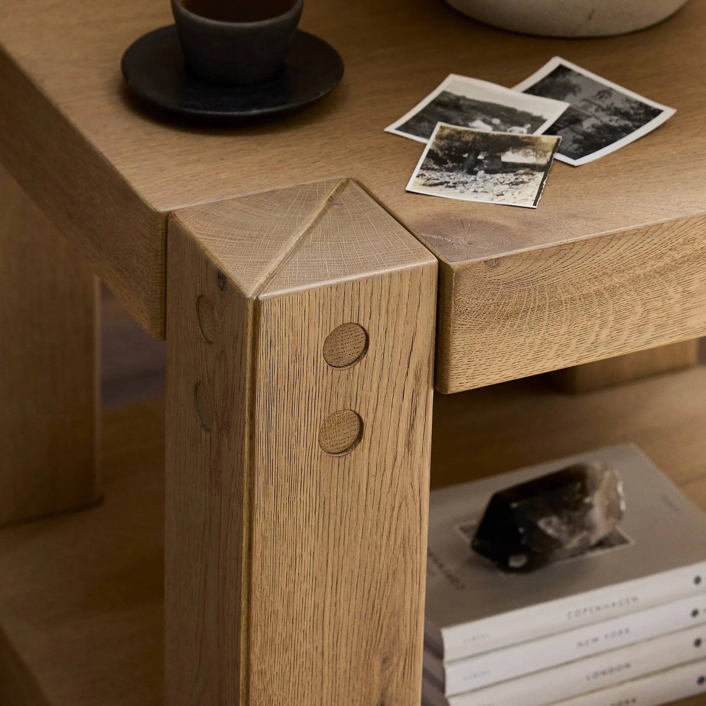 009 SI-2446546 | Lifestyle | Emmer End Table by Four Hands in aged smoked oak, aged smoked oak veneer. Made from solid oak, thick oak veneer in a transitional style.