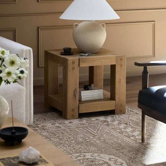 Emmer End Table by Four Hands in aged smoked oak, aged smoked oak veneer. Made from solid oak, thick oak veneer in a unique style.