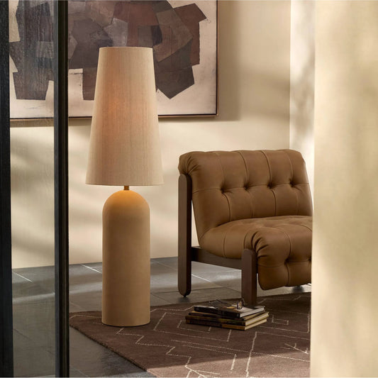 Posie Floor Lamp by Four Hands in tan speckled ceramic, aged brass. Made from ceramic, brass in a unique style.