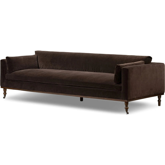 Harlin Sofa-96" by Four Hands in surrey cocoa, brushed brass, terra brown oak. Made from 76.8% cotton, 23.2% polyester, iron, solid oak in a unique style.