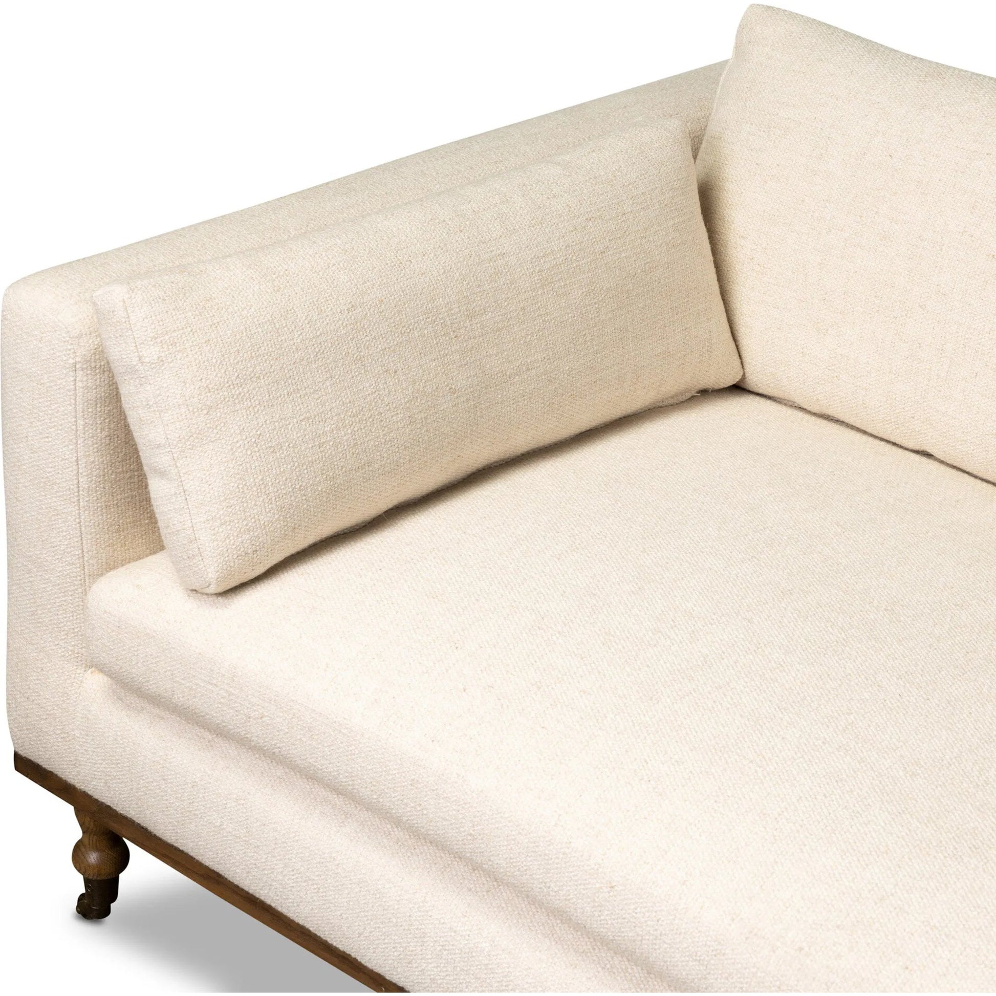 Harlin Sofa by Four Hands in thames cream, brushed brass, amber oak. Made from 66% polyester, 19% acrylic, 15% flax, linen, iron, solid oak in a unique style.