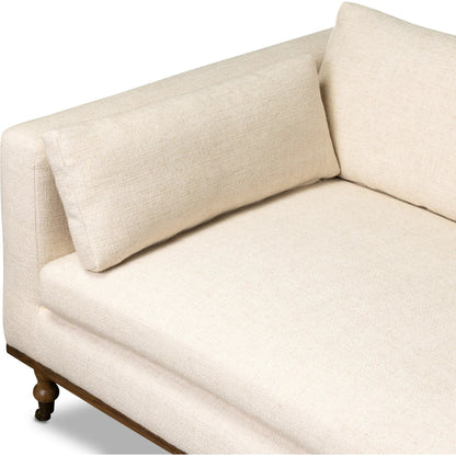 Harlin Sofa by Four Hands in thames cream, brushed brass, amber oak. Made from 66% polyester, 19% acrylic, 15% flax, linen, iron, solid oak in a unique style.