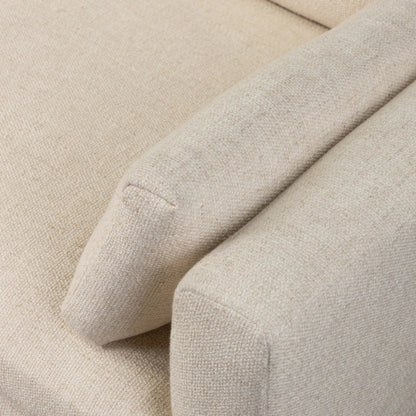 Harlin Sofa by Four Hands in thames cream, brushed brass, amber oak. Made from 66% polyester, 19% acrylic, 15% flax, linen, iron, solid oak in a unique style.