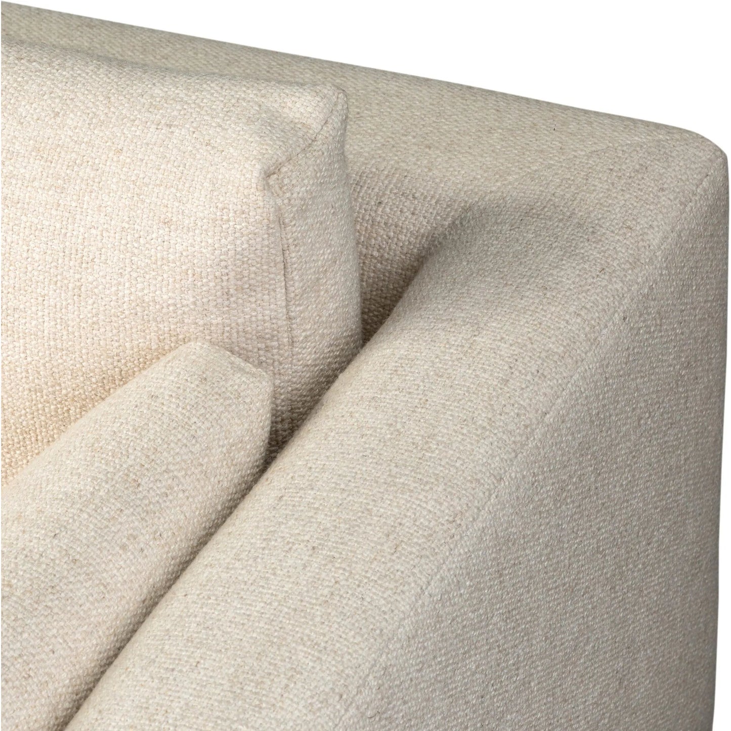 008 SI-2535017 | Closeup | Harlin Sofa by Four Hands in thames cream, brushed brass, amber oak. Made from 66% polyester, 19% acrylic, 15% flax, linen, iron, solid oak in a unique style.