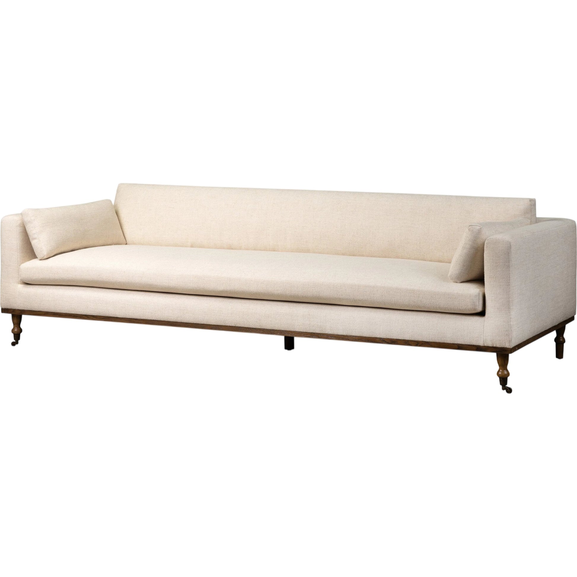 Harlin Sofa by Four Hands in thames cream, brushed brass, amber oak. Made from 66% polyester, 19% acrylic, 15% flax, linen, iron, solid oak in a unique style.
