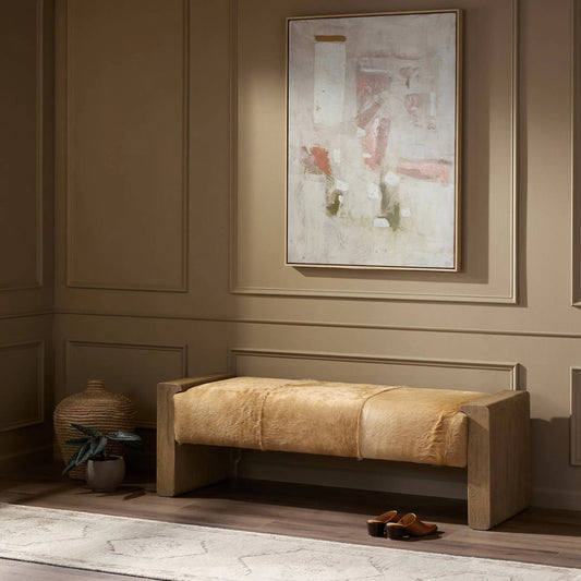 Knox Accent Bench by Four Hands in light hair on hide, drifted oak, drifted oak veneer. Made from hair on hide, solid oak, oak veneer in a unique style.