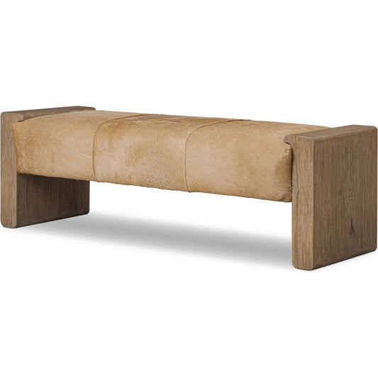 Knox Accent Bench by Four Hands in light hair on hide, drifted oak, drifted oak veneer. Made from hair on hide, solid oak, oak veneer in a unique style.