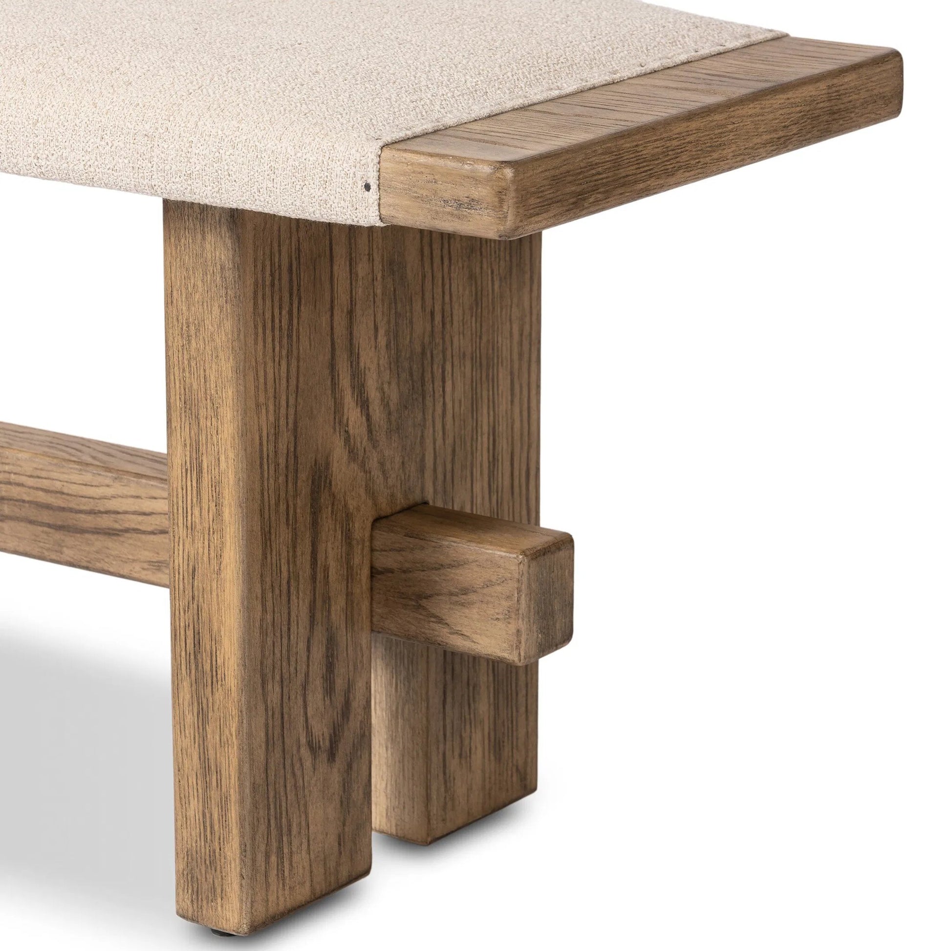 Poe Accent Bench by Four Hands in hampton cream, distressed light oak veneer, black iron. Made from 97% polyester, 2% viscose (rayon), 1% flax/linen, oak veneer, iron in a transitional style.