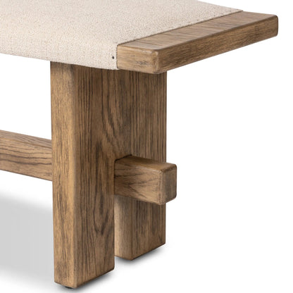 Poe Accent Bench by Four Hands in hampton cream, distressed light oak veneer, black iron. Made from 97% polyester, 2% viscose (rayon), 1% flax/linen, oak veneer, iron in a transitional style.