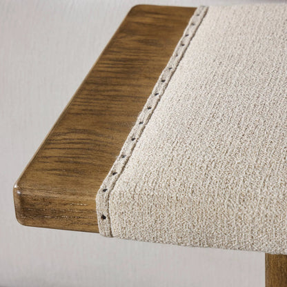 Poe Accent Bench by Four Hands in hampton cream, distressed light oak veneer, black iron. Made from 97% polyester, 2% viscose (rayon), 1% flax/linen, oak veneer, iron in a transitional style.