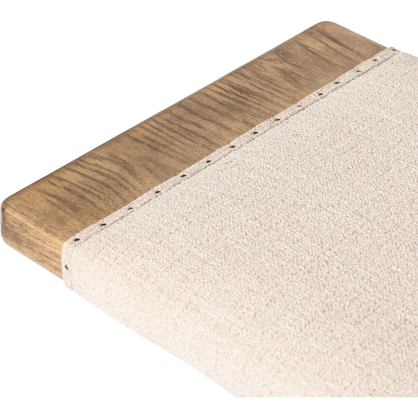 006 SI-2446634 | Closeup | Poe Accent Bench by Four Hands in hampton cream, distressed light oak veneer, black iron. Made from 97% polyester, 2% viscose (rayon), 1% flax/linen, oak veneer, iron in a transitional style.